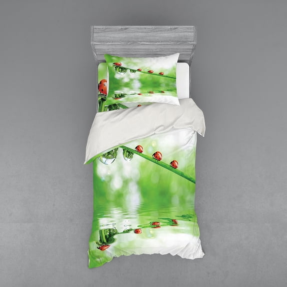 Ambesonne Nature Bedding Set 3 Pcs, Ladybug on Water Image, Twin XL, Red Green