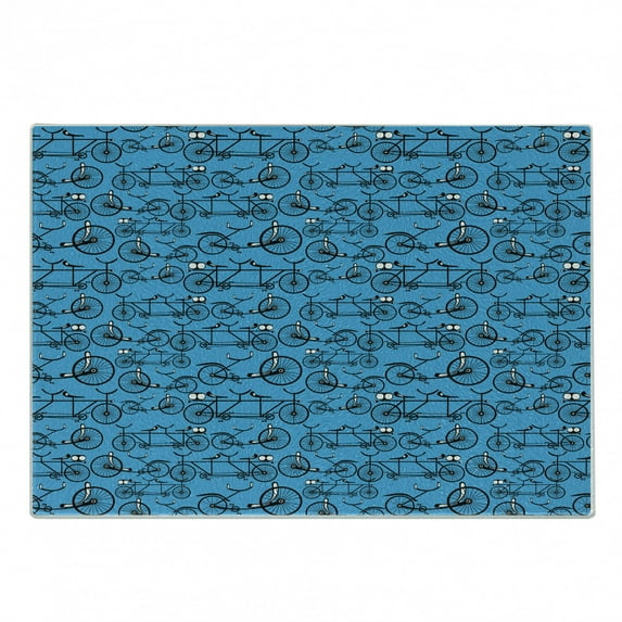 Bicycle Cutting Board, Antique Cartoon Style Bikes on Blue Background Retro Pattern with Wheels, Decorative Tempered Glass Cutting and Serving Board, Small Size, Blue Black and White, by Ambesonne