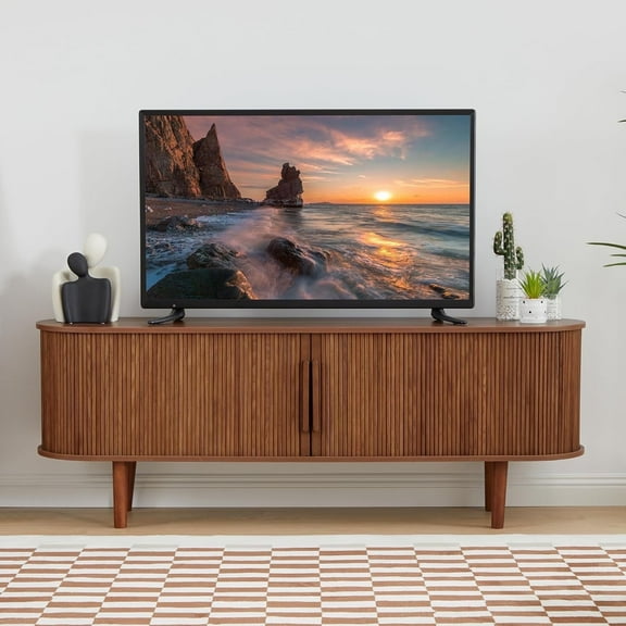 60" TV Stand , Wood Entertainment Center with Storage and Shelves, 2 Sliding Tambour Doors, Mid-Century Modern (Walnut)