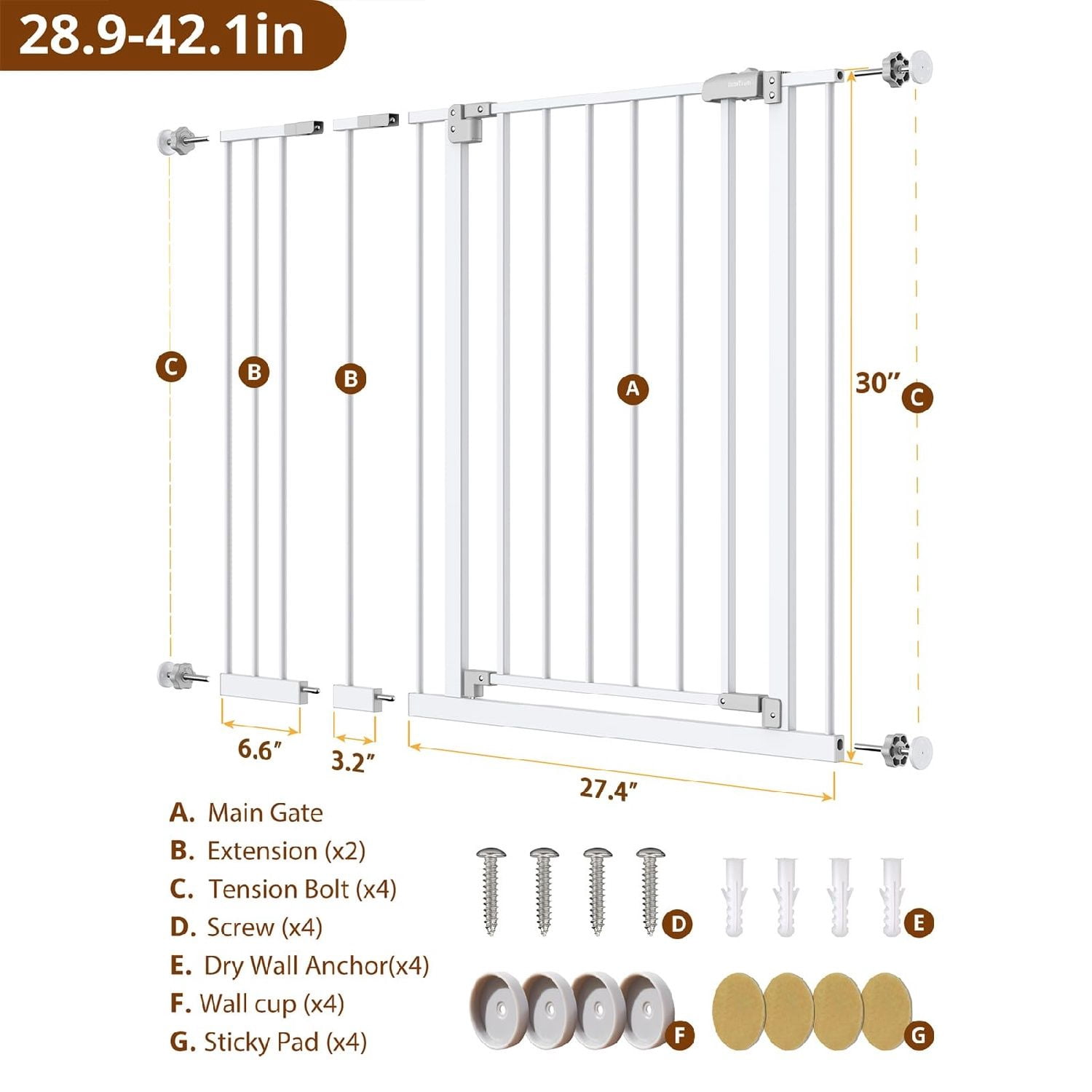 28.9-42.1" Wide  Gate for Stairs & Doorways, 30" Tall Pressure Mounted Dog Gates for Stairs Expandable One-Hand Open, Easy Step Walk Through Dual Lock Metal Pet Gates for Dogs, White