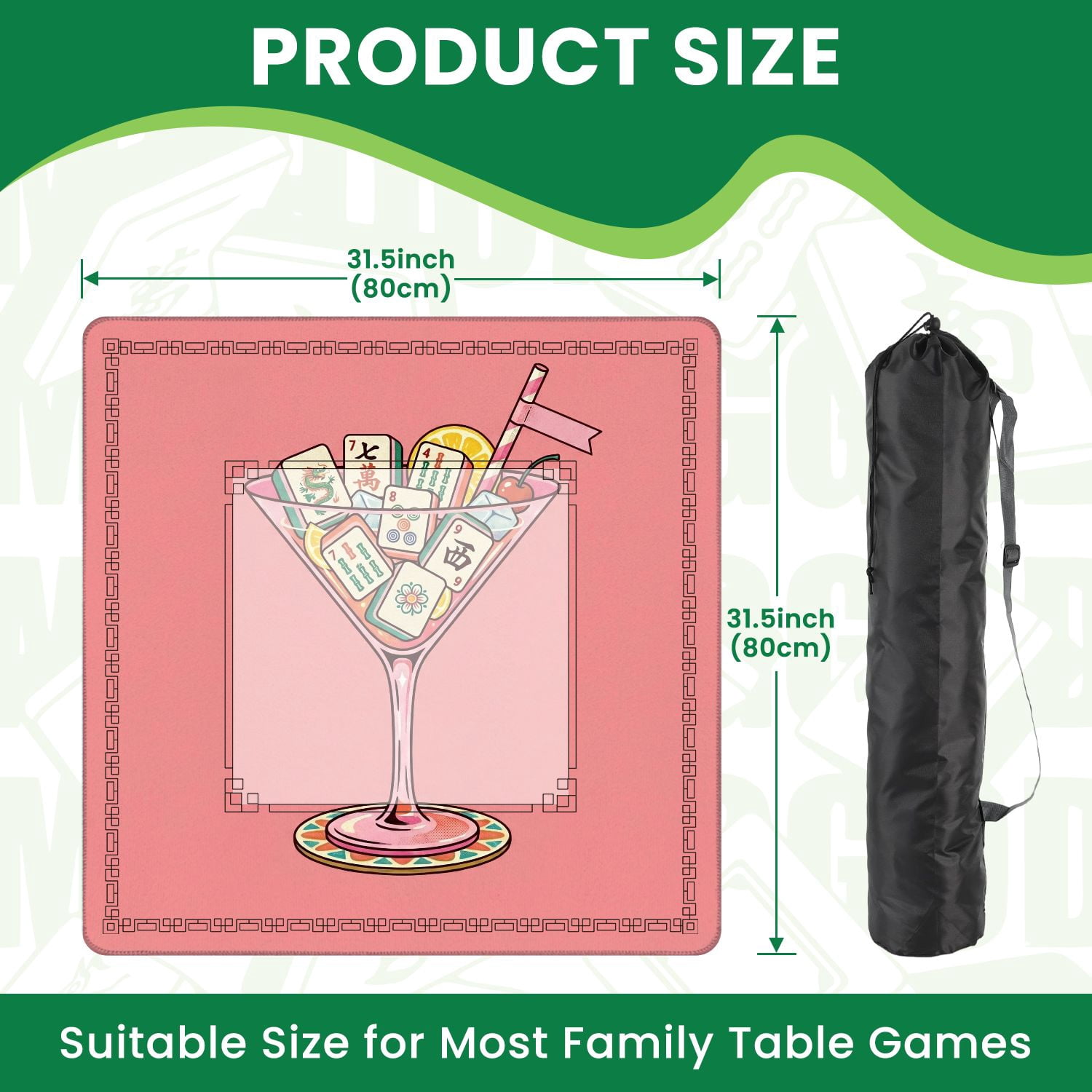 Mahjong Mat 31.5" x 31.5" Colorful Mahjong Tiles Cocktail Glass Fruit Garnish Straw Pink Style Non-Slip Noise Reduction American Mahjong Tiles Table Cover for Dominoes Poker Card Board Games Gift
