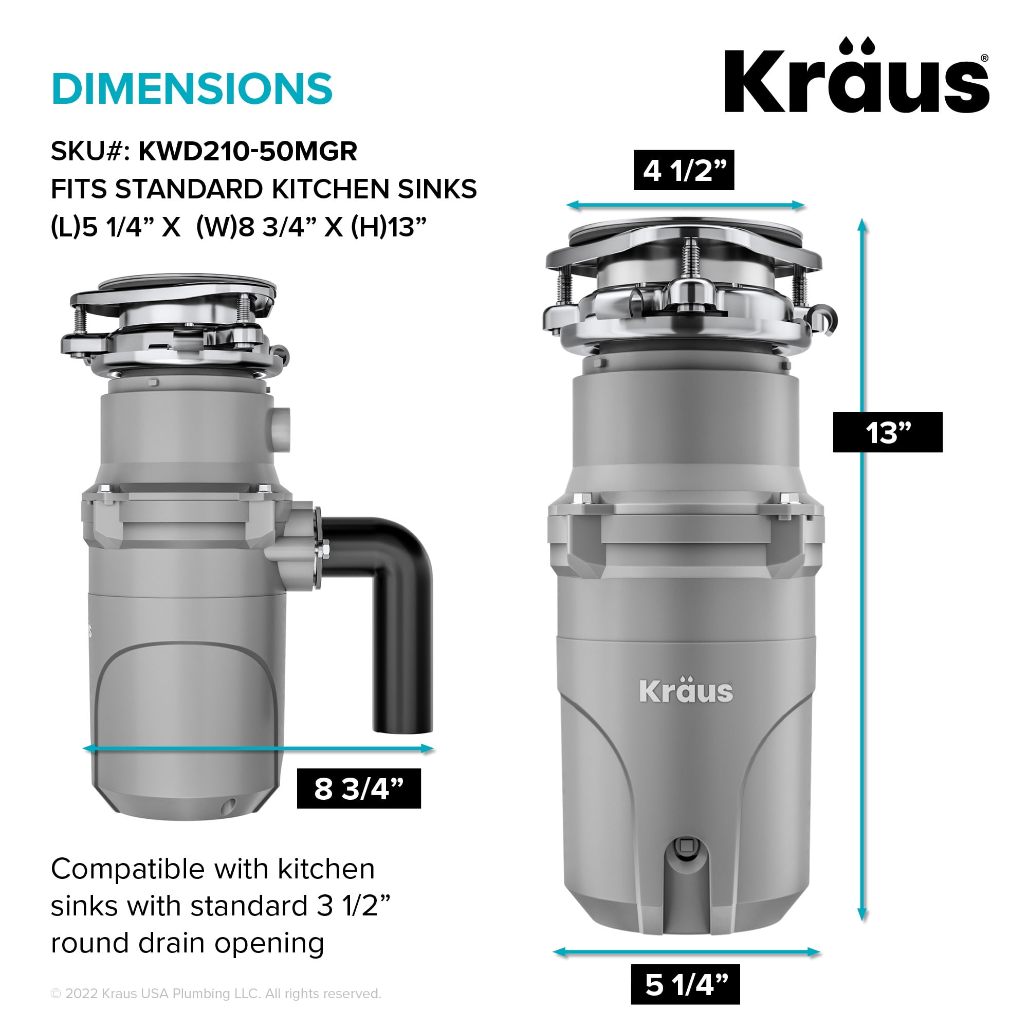 KRAUS WasteGuard High-Speed 1/2 HP Continuous Feed Ultra-Quiet Motor Garbage Disposal with Power Cord and Flange Included and Universal Mount
