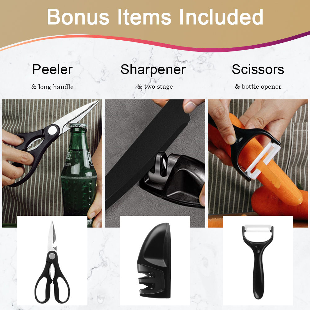 Knife Set with Block,Sharpener,Acrylic Stand 17 PCS Black High Carbon Stainless Steel Kitchen Knives