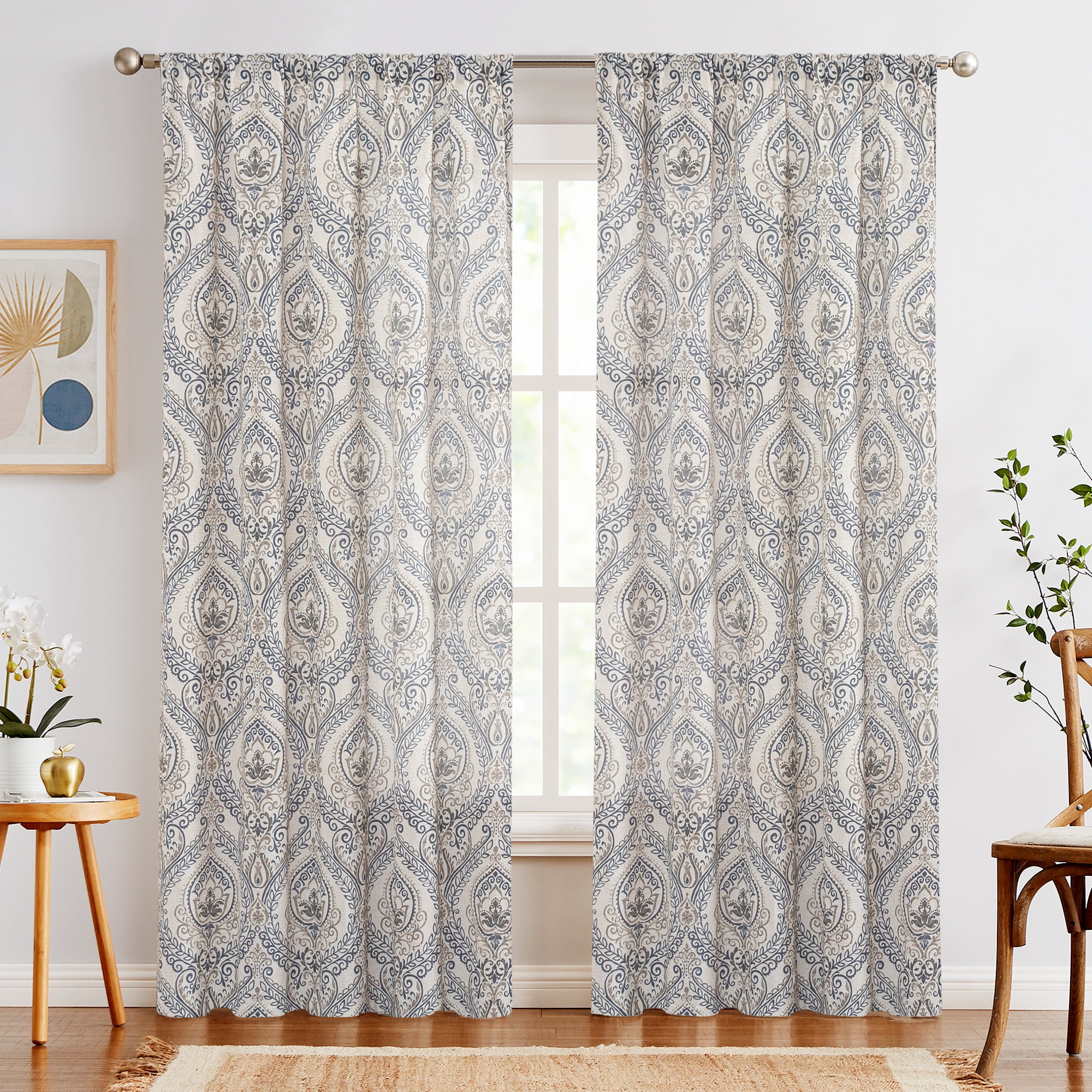Curtainking Linen Curtains for Living Room 84 inch Medallion Damask ...