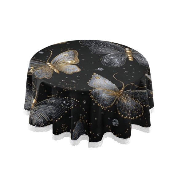 Round Single Sided Printed Tablecloth, 60 Inch Polyester Round Table Cover with White Lace Trim, Wrinkle Resistant Decorative Table Cloth for Home Black and Gold Butterflies