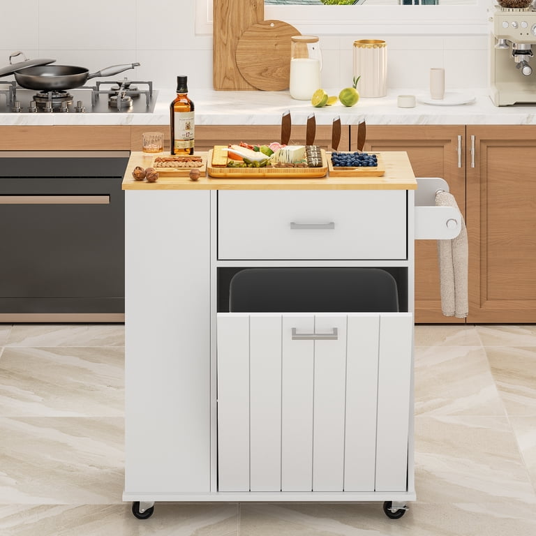 HQZX Rolling Kitchen Island Cart with Tilt Trash Cabinet,3 Spice