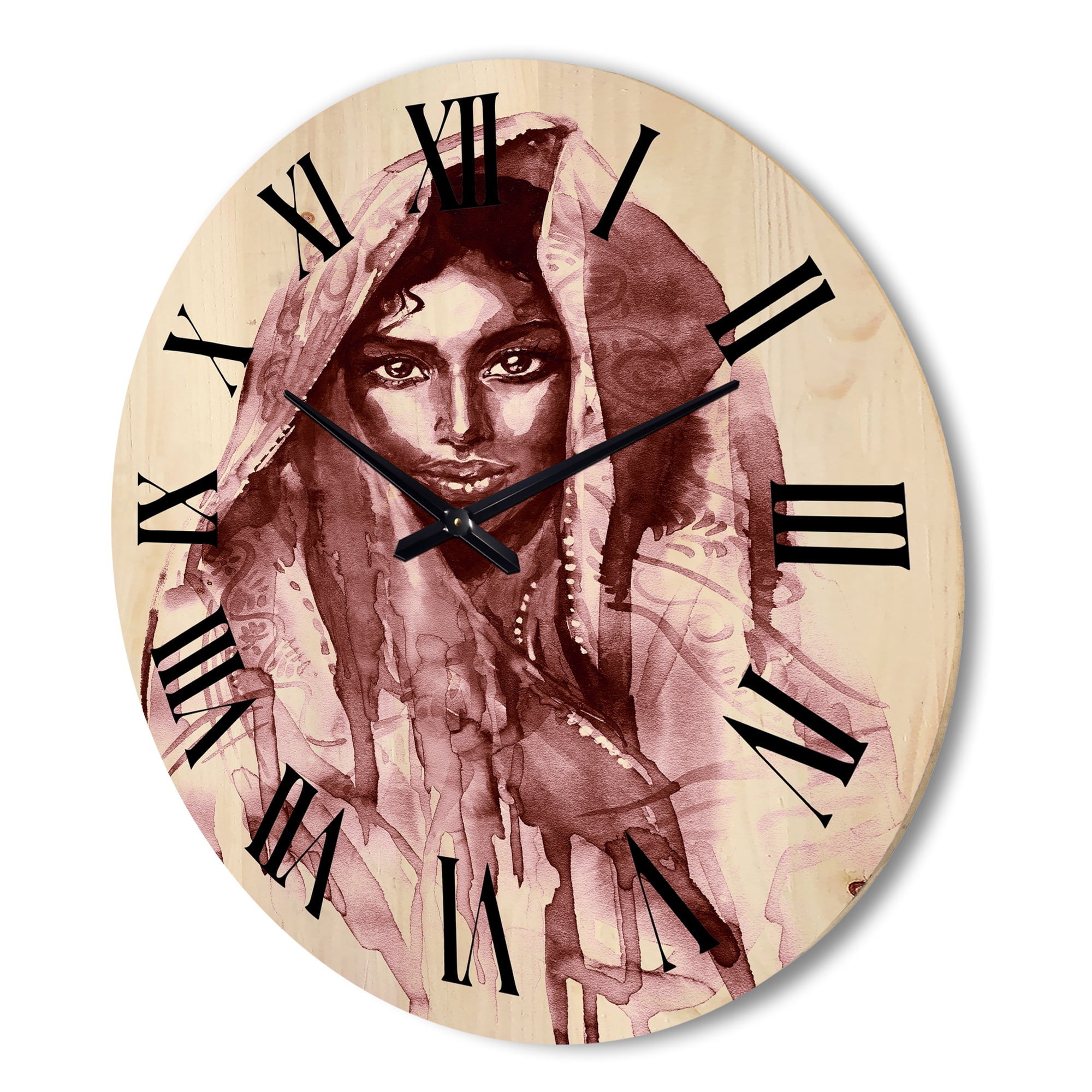 Designart 'Black and White Portrait of Young Indian Woman II' Modern Wood Wall Clock