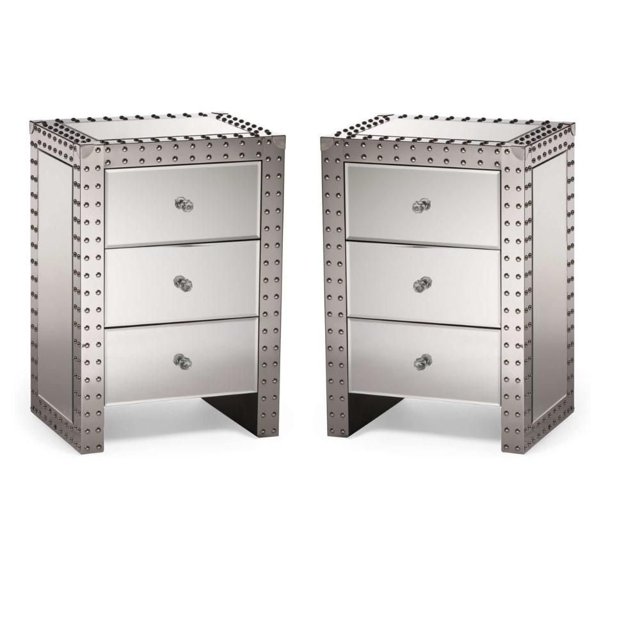 Plata Decor Import, Contemporary Mirrored Nightstand Duo with Stainless Steel & Premium Drawer, Rita Nightstand, Set of 2