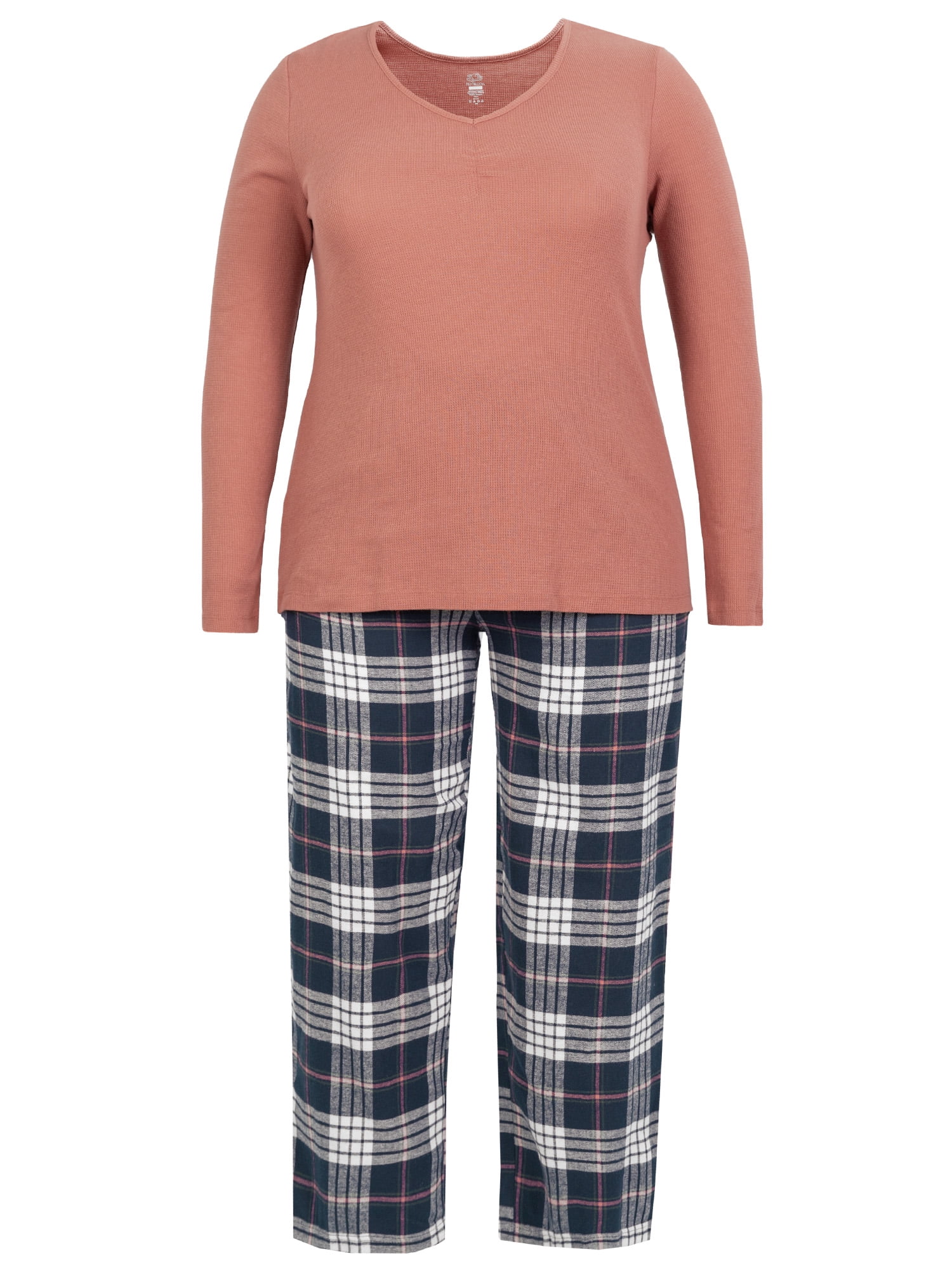 Fruit of the Loom Women's Beyond Soft Long Sleeve Waffle Top and Flannel Bottom Pajama Set, Sizes S-4X