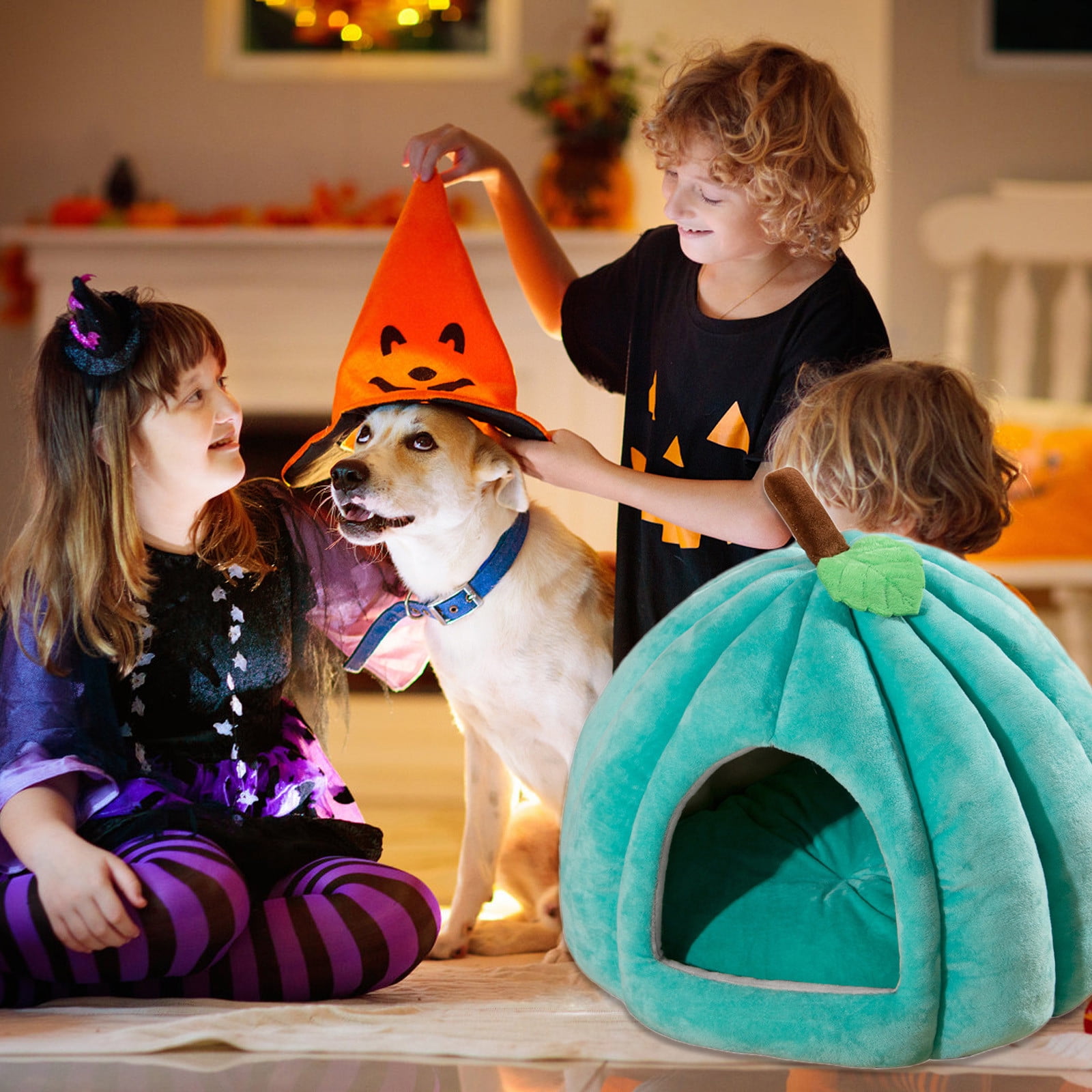 Cute Cat Bed for Indoor Cats, Pumpkin Style Cat Cave Bed Pet Tent Cat House with Removable Cushion Pillow, Soft Semi-Closed Pumpkin Shape Pet Bed for Small, Medium Dogs and Cats