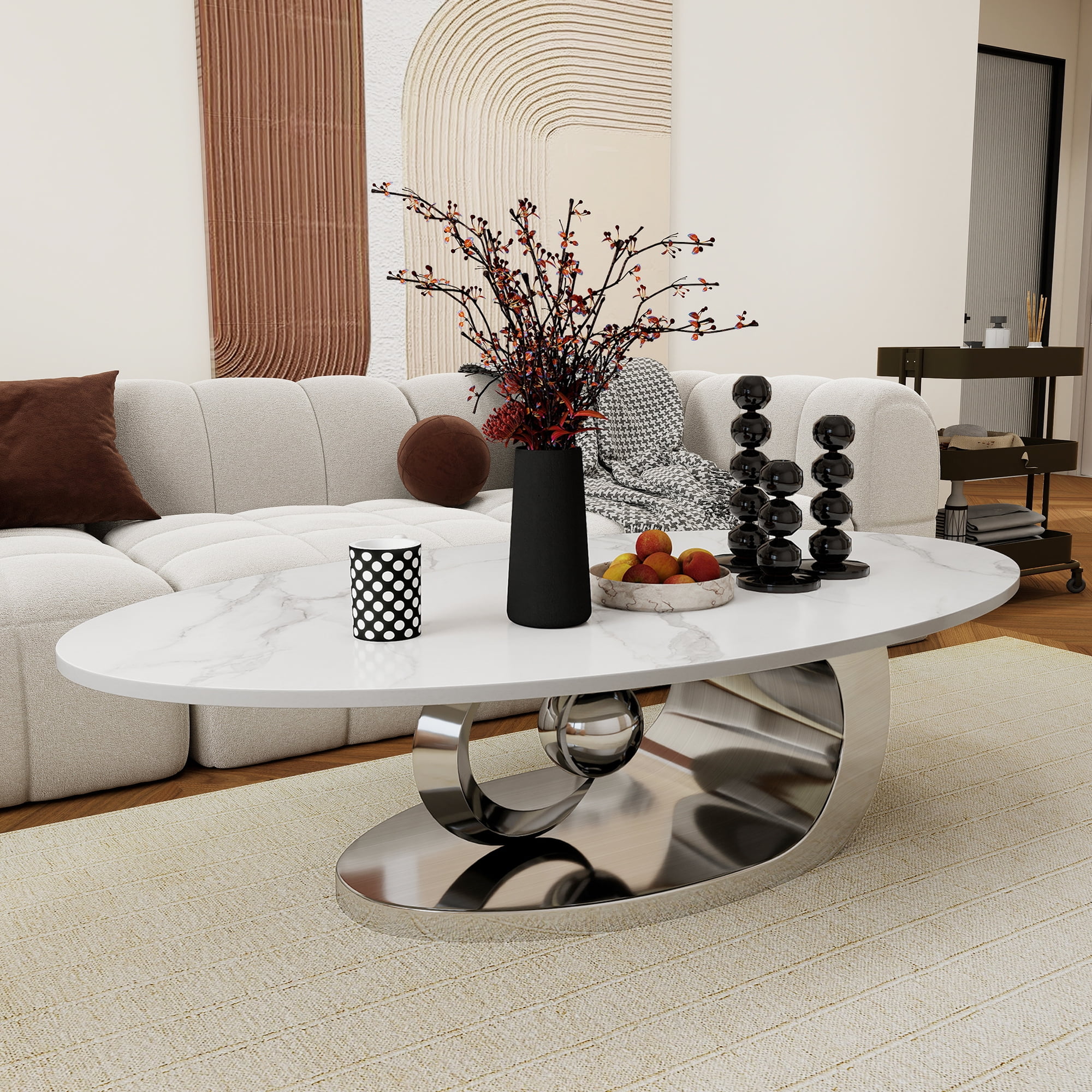 Oval Coffee Table Modern Minimalist Faux Marble Top with Sculptural Grey Stainless Steel Base Luxury SpaceSaving Design art deco coffee table 51.2"L x 27.6"W
