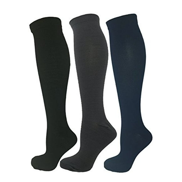 3 Pair Large/X-Large Ladies Compression Socks, Moderate/Medium Compression 15-20 mmHg.Colors: Black/Grey/Navy Blue.