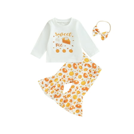 

Qtinghua 3Pcs Infant Toddler Baby Girls Thanksgiving Outfits Long Sleeve Tops Pumpkin Flare Pants Headband Clothes White 12-18 Months