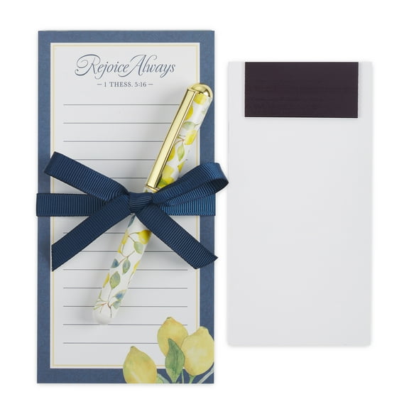 Christian Art Gifts Compact Magnetic Notepad & Medium Ballpoint Pen Set for Women: Rejoice Always Inspirational Scripture, Lists, Reminders, 70 Lined Easy Tear-off Sheets, Navy Blue & Yellow Lemons