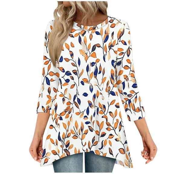 CYMMPU 3/4 Sleeve Blouses for Women Dressy Casual Loose Fit Spring Tunic Tops Floral Pattern Fall Fashion Shirts Crew Neck Flare Hem Hide Belly Tops to Wear with Leggings T-Shirts Khaki XL
