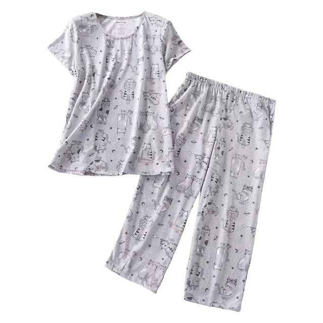 Kcodviy Ensemble de Pyjama en Coton pour Femmes Pyjama Femmes Doux Haut à Manches Courtes Capri Robe de Nuit pour Femmes Pantalon Vêtement de Nuit Grande Taille