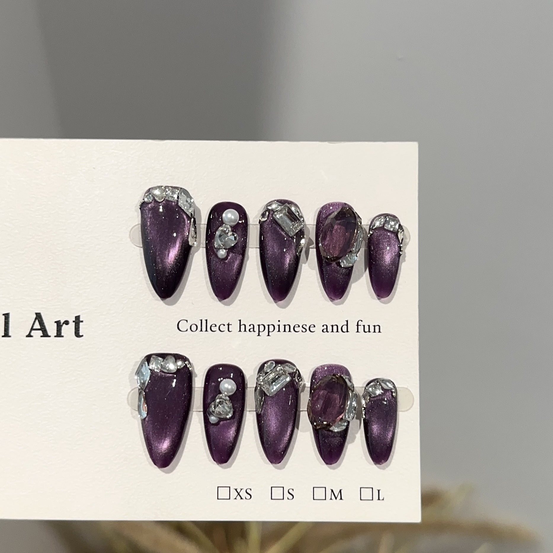 Purely handmade wearing nail advanced sense black purple cat eye almond nail art piece light luxury pile diamond flash fake nail patch