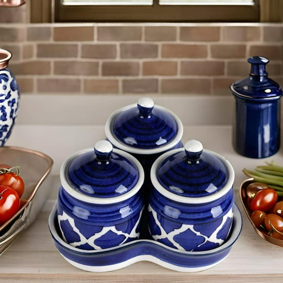 Ceramic Jars with Lid and Holding Tray | Multipurpose Barni for Chutney, Pickle, Spice, Jam, Tea, Sugar, Ketchup | Storage Container | Dining Table Container Set (Set of 1)