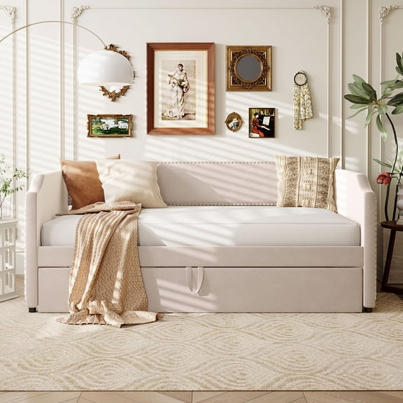 Twin Size Daybed with Pop up Trundle, Upholstered Velvet Sofa Bed with Extendable Trundle, Solid Wood Day Bed Frame for Living Room, Beige