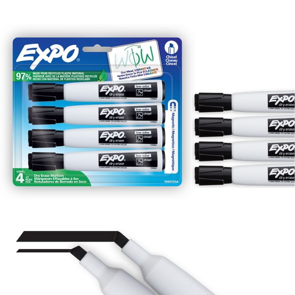 Marqueurs magnétiques effaçables à sec Expo avec efface, noir, pointe biseautée, noir, 4 unités