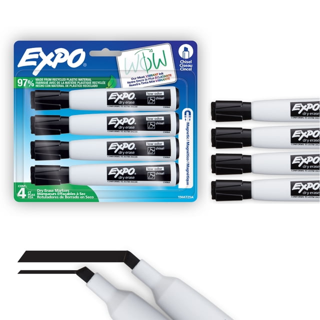 Marqueurs magnétiques effaçables à sec Expo avec efface, noir, pointe biseautée, noir, 4 unités