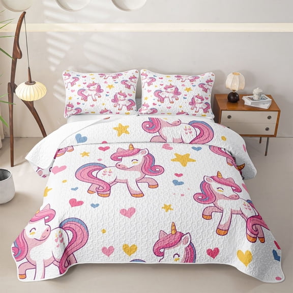 Manfei Lovely Unicorn Twin Quilt Set,Playful Stars Heart Twin Coverlet Set,Pink White Multicolor,2pcs