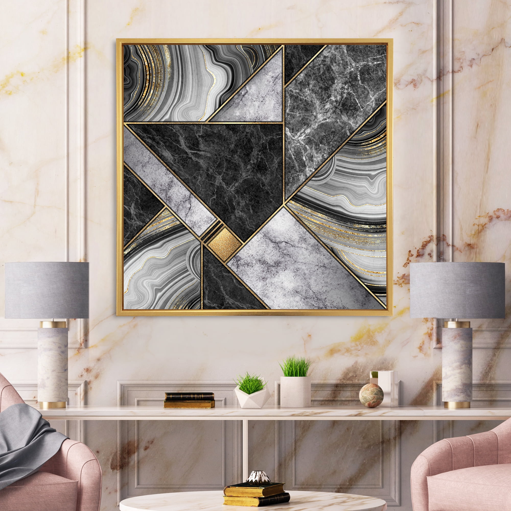 Touches Of Gold With Marble Granite Agate 36 in x 36 in Framed Painting Canvas Art Print, by Designart
