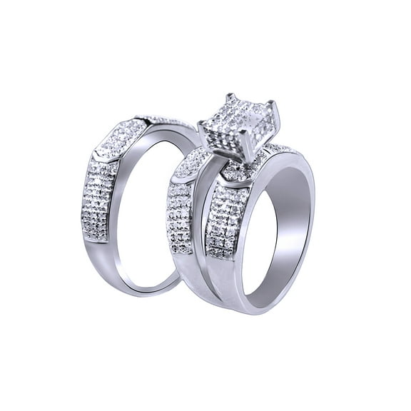 AFFY White Natural Diamond Engagement & Wedding Trio Bridal Ring Set In 10k White Gold (0.79 Cttw)