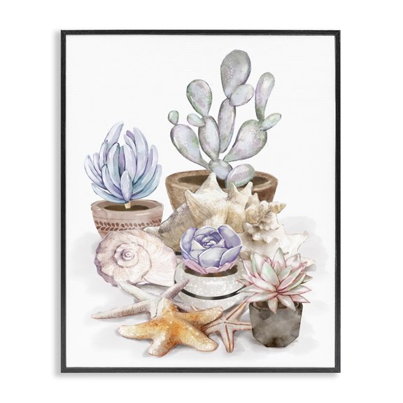 Stupell Industries Bohemian Coastal Beach Succulent Plants Sea Shells Starfish Black Framed Giclee Art, 11 x 14, by Ziwei Li
