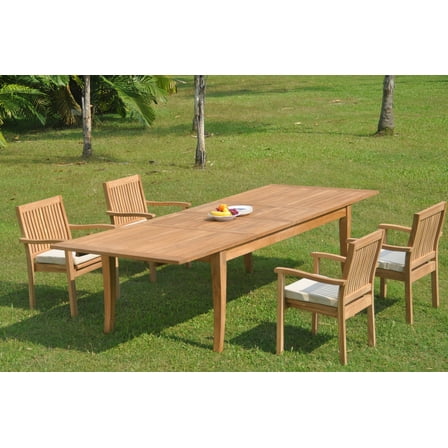 Grade-A Teak Dining Set: 4 Seater 5 Pc: 122" Atnas Double Extension Rectangle Table And 4 Leveb Stacking Arm Chairs Outdoor WholesaleTeak #WMDSWVm