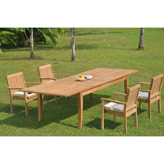 Grade-A Teak Dining Set: 4 Seater 5 Pc: 122" Atnas Double Extension Rectangle Table And 4 Leveb Stacking Arm Chairs Outdoor WholesaleTeak #WMDSWVm