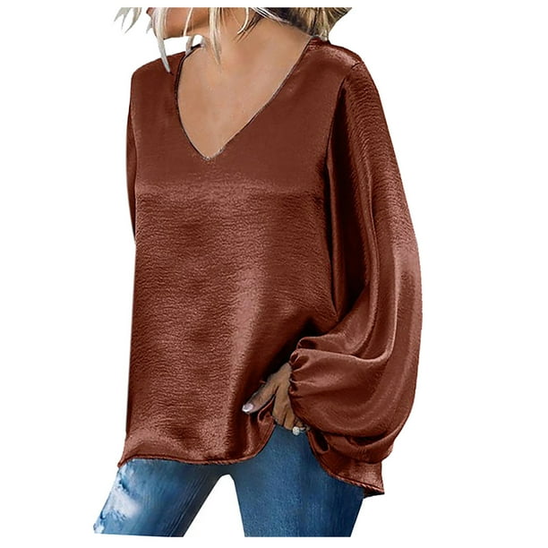 Camisas Para Mujer Suelta Casual Manga Larga Sólido Cuello en V Blusa Casual Camiseta Túnica Tops Odeerbi ODB130002