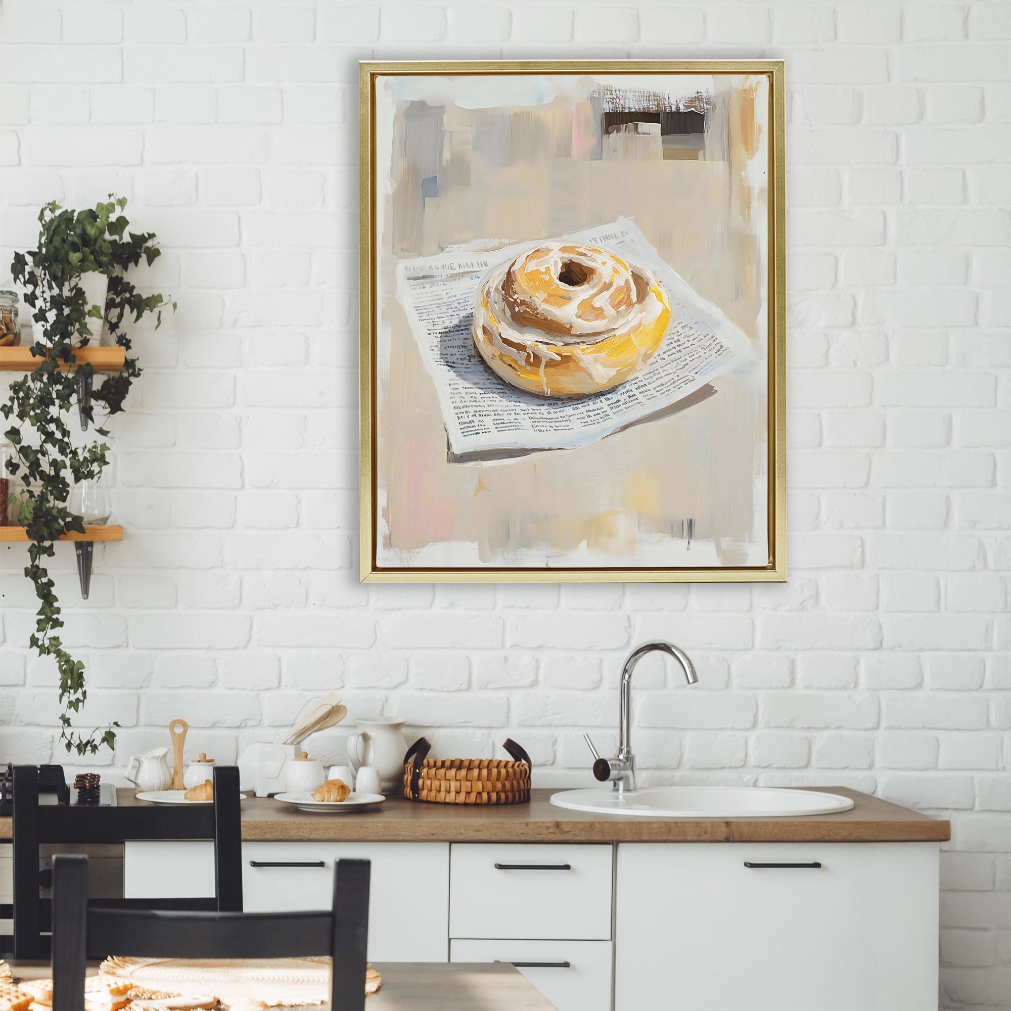 Stupell Industries Cinnamon Roll & Morning Paper Gold Framed Floater Canvas Wall Art, design by The Prints Vibe
