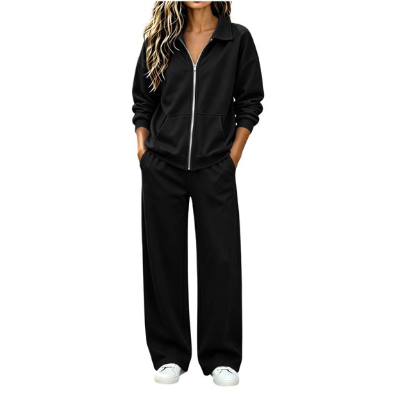 Edvintorg Sets for Women 2 Piece Athletic Outfits Long Sleeve Zip up Jacket and Cuffed Pant Womens Trendy Clothes Black S-2XL