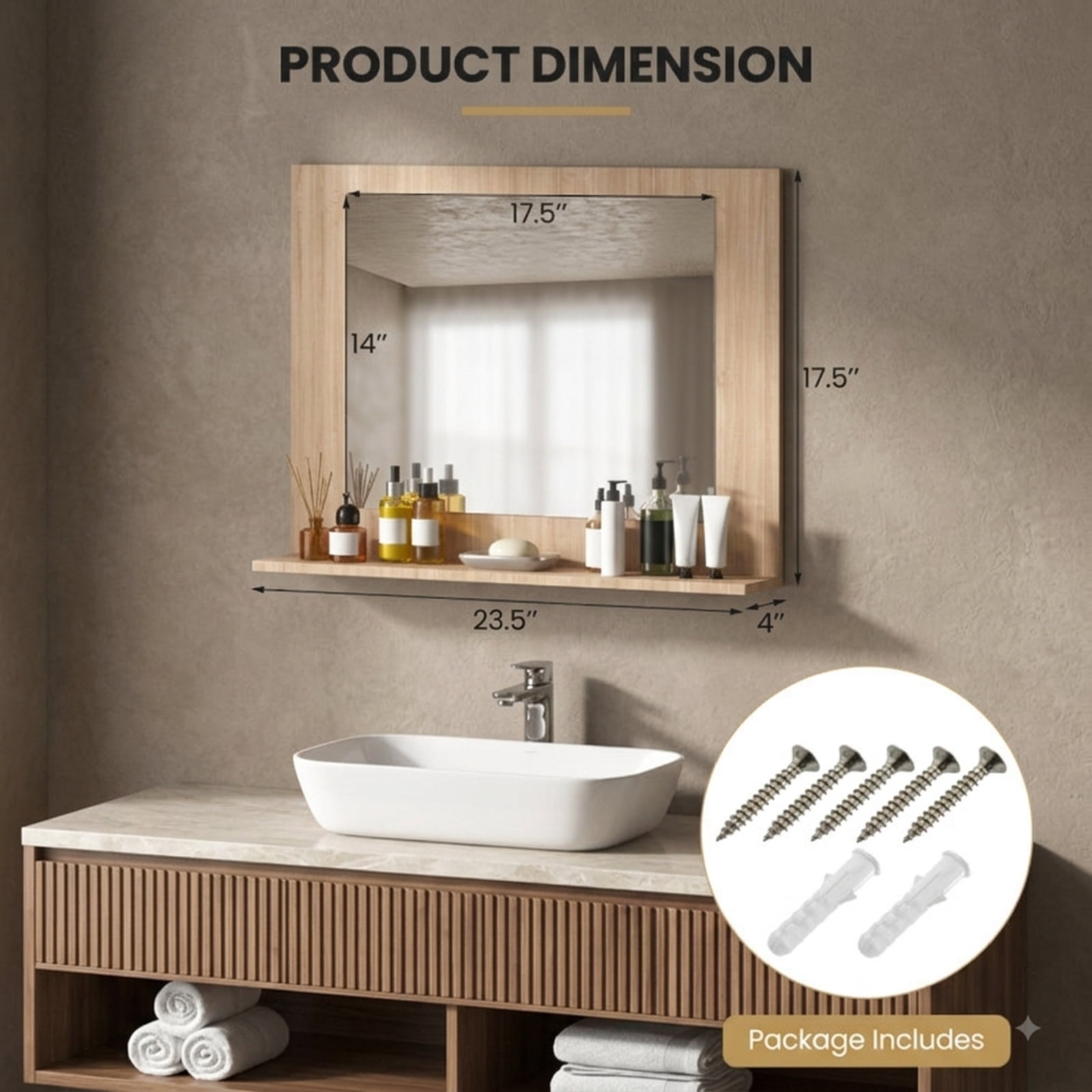 Vebreda Bathroom Wall Mirror, Rectangle Bathroom Mirror with Shelf 23.5 x 17.5 Inch and Wood Frame, Functional Design, Crystal-Clear Reflection