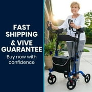 Vive Mobility Upright Walker with Seat for Seniors – Folding Stand Up Rollator Walker, Heavy Duty Medical Mobility Aid with Arm Rests for Elderly Women and Men, Red