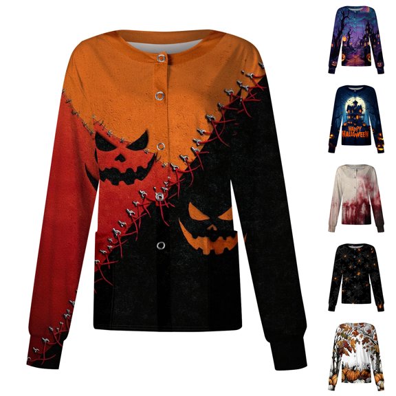 IYYVV Women'S Halloween Nurse Jacket Skeleton Cute Scrubs Pattern Crew Neck Scrubs Tops Pumpkin Medical Nurse Uniforms With Pocket Black M