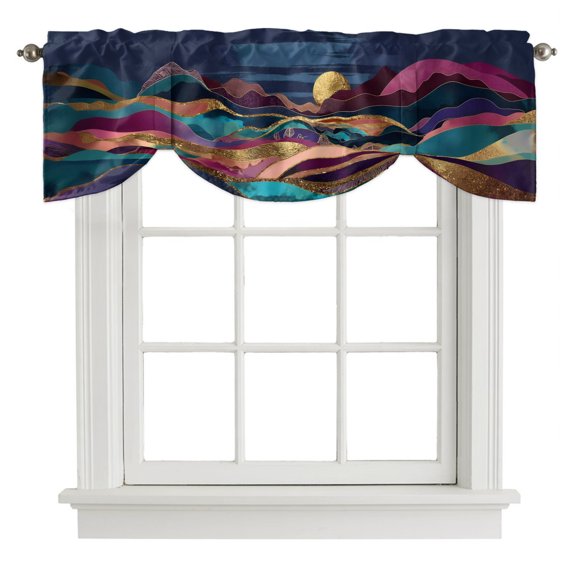 Tie Up Curtain Valances Abstract Colored Mountain Moon,Rod Pocket Shade Valance Adjustable Curtains Abstract Geometric Art Window Treatment for Kitchen Bathroom Living Room Windows,60x18in