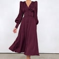 thumbnail image 3 of Elainilye Fashion Wedding Guest Dresses Long Sleeve Satin Soft Dress V-Neck Temperament Slim Lantern Sleeve Dress,Red, 3 of 9
