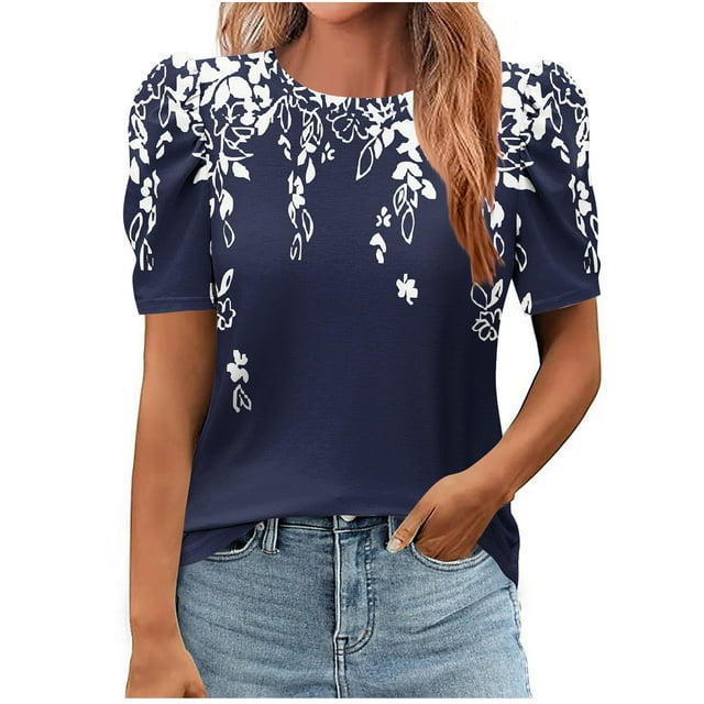 Pisexur Hauts pour Femmes, Hauts de Sortie pour Femmes & T-Shirt à Manches Courtes Col Rond Imprimé, Haut Ample, Hauts de Printemps pour Femmes Marine, TG
