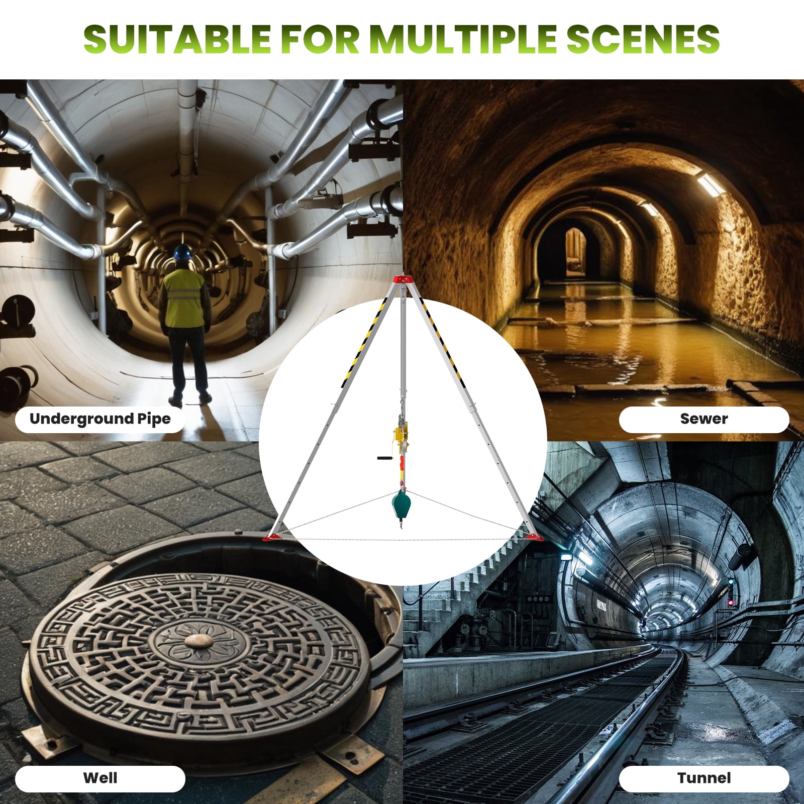 Confined Space Tripod, Confined Space Rescue Tripod, Confined Space Tripod Kit, 1800 lbs, Adjustment Protection Chain, Easy to Use and Full-body Security Harness for Manhole/Well Access