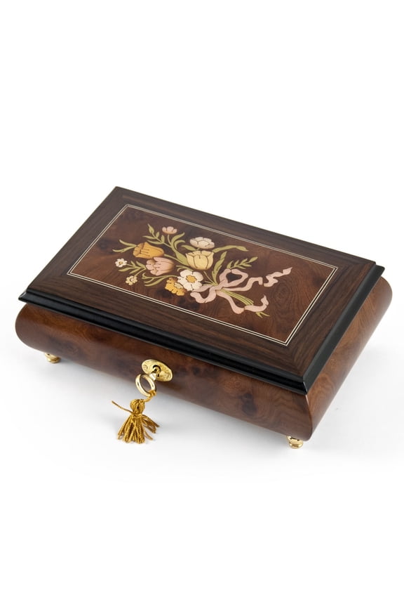 Classic Music Box Features 30 Note Nostalgic Design of A Floral Bouquet Tied With Pink Ribbon - Scarsborough Fair