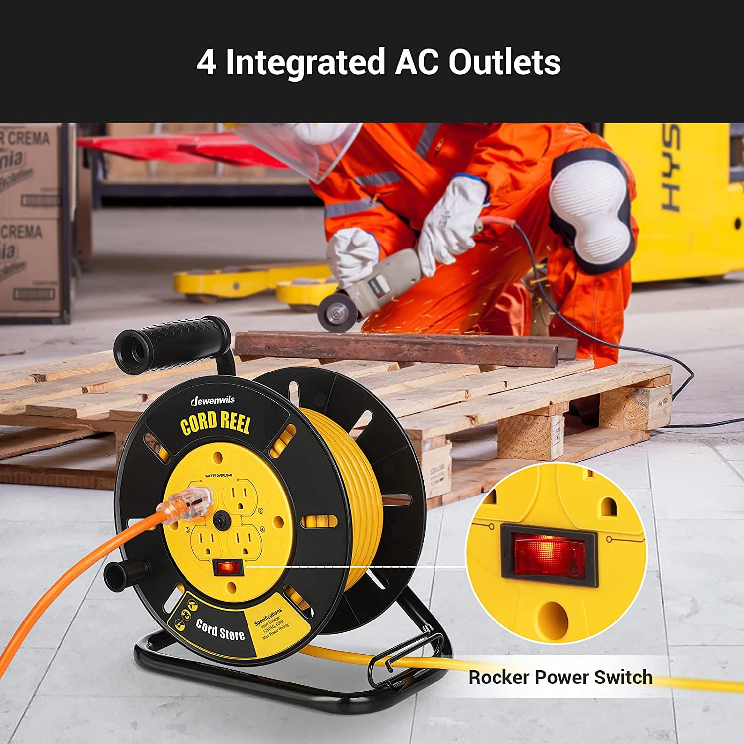 DEWENWILS Extension Cord Reel with 4-Grounded Outlets, Hand Wind Retractable