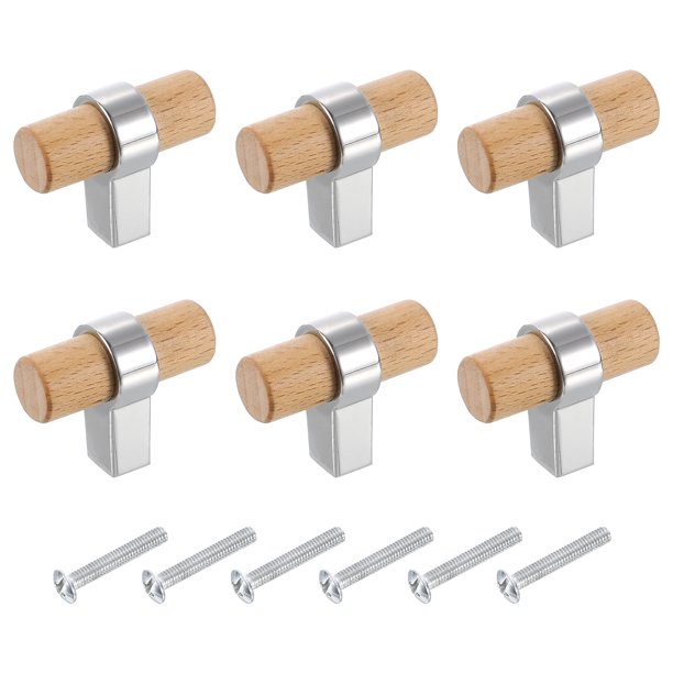 Uxcell 6 Pcs T Bar Tiradores de Cajón de Madera con Agujero Único con Tornillos, Madera de Haya/Plata