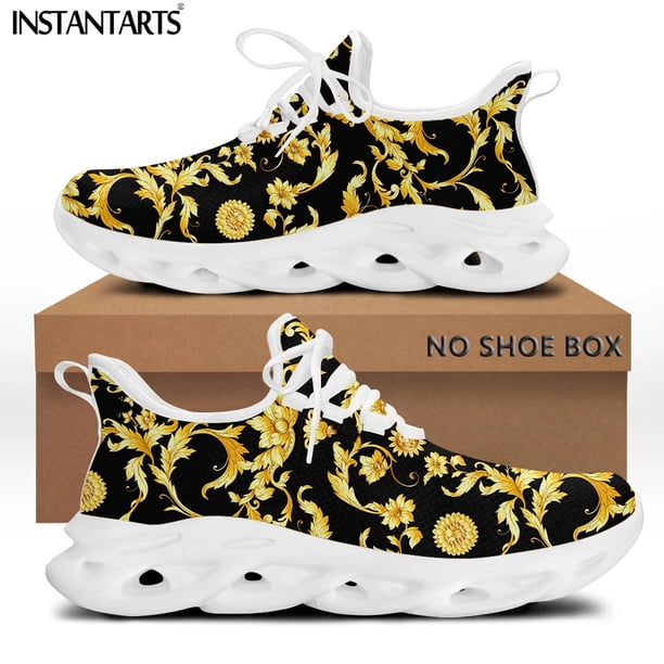 Zapatillas de deporte informales de malla barroca dorada para mujer, zapatos de plataforma transpirables con diseño floral europeo de lujo, ligeros y planos de viaje.