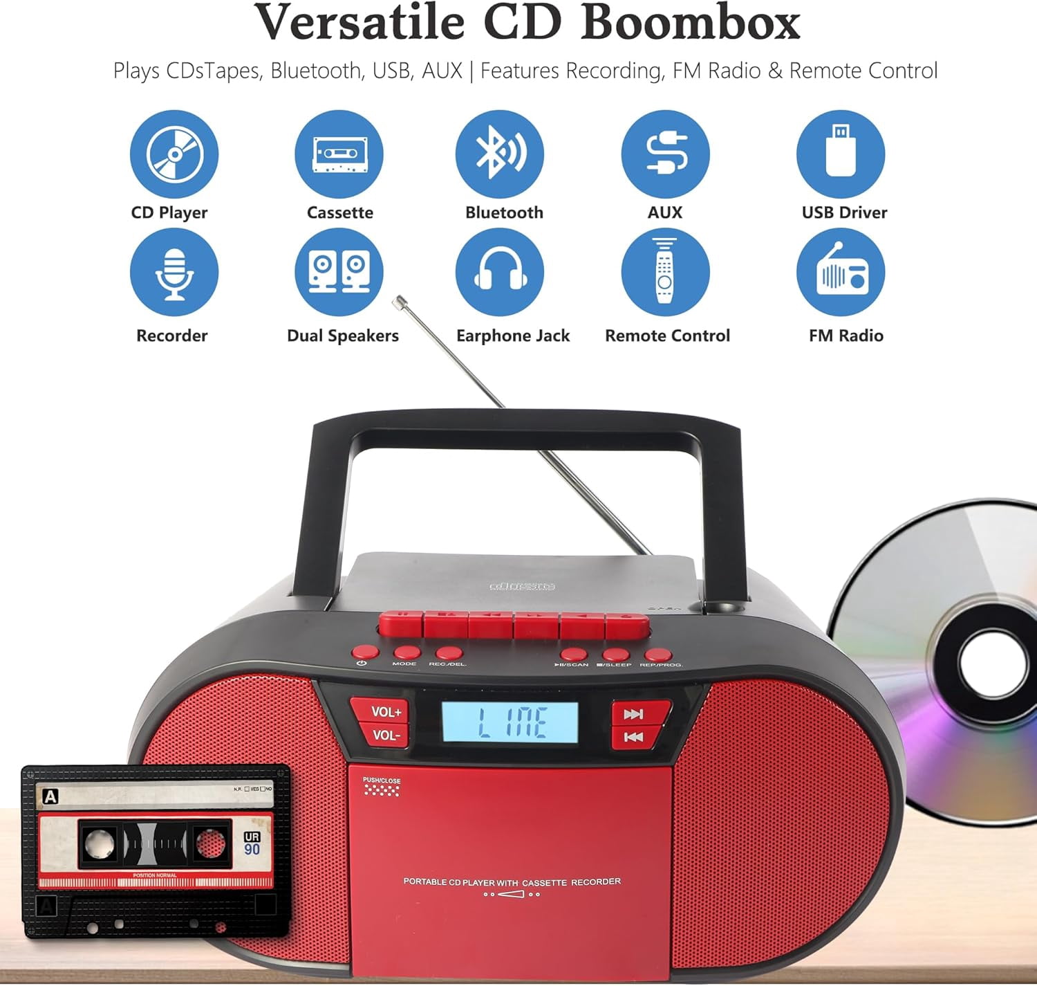 Boombox CD Player Portable, Cassette Player Combo with CD MP3 Bluetooth AUX TF USB FM Radio AC/DC Powered, Boom Box with Remote Control, Headphone Jack, Stereo Sound for Home,Kids,Gift