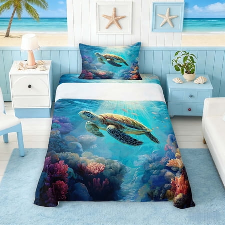 Manfei Underwater Sea Turtle Twin Sheet Sets for Kids Boys and Girls Deep Sea Bedding 3pcs 1 Flat Sheet 1 Fitted Sheet and 1 Pillowcase