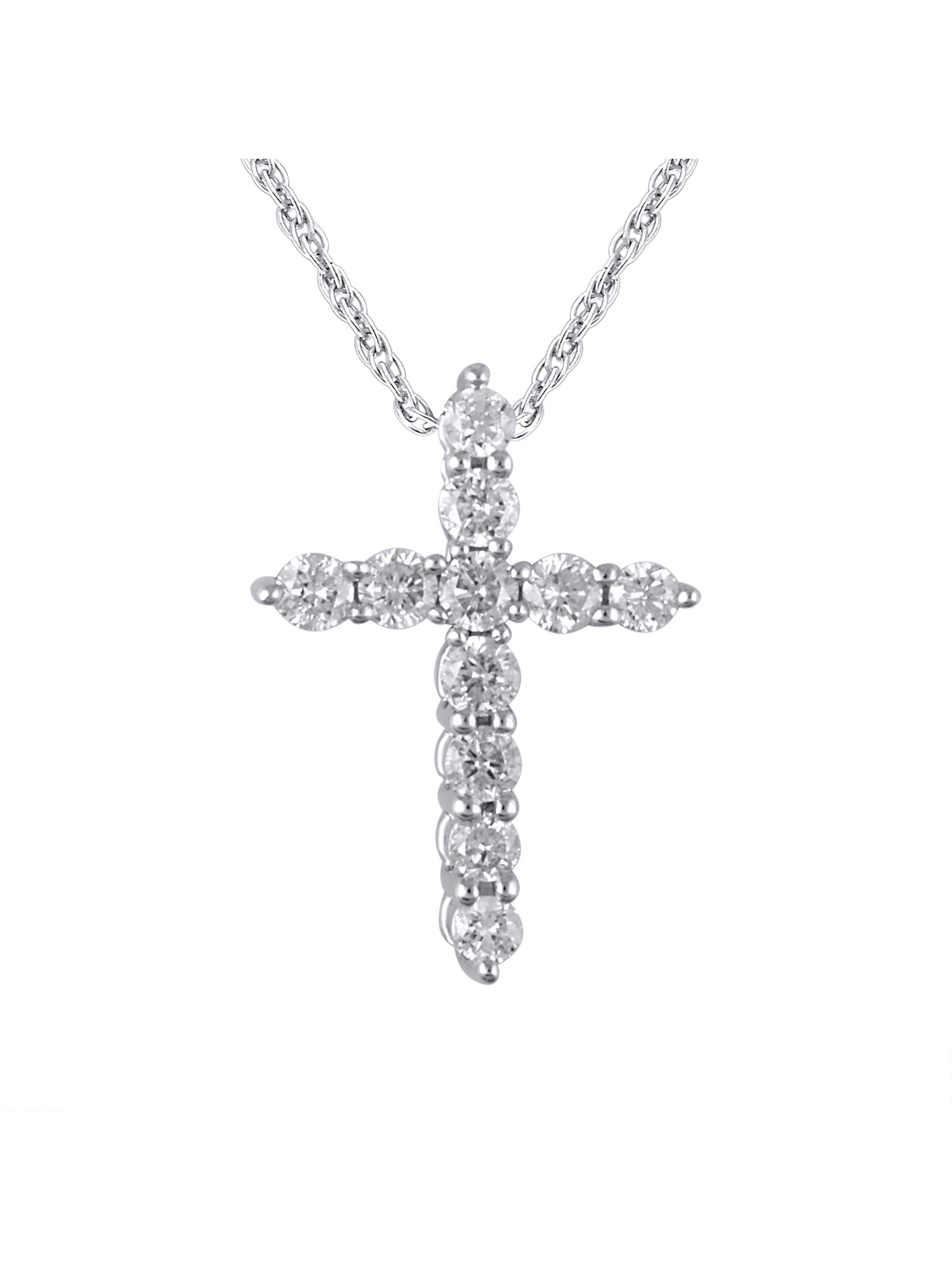 14K White Gold Classic Diamond Cross Pendant Necklace with 18