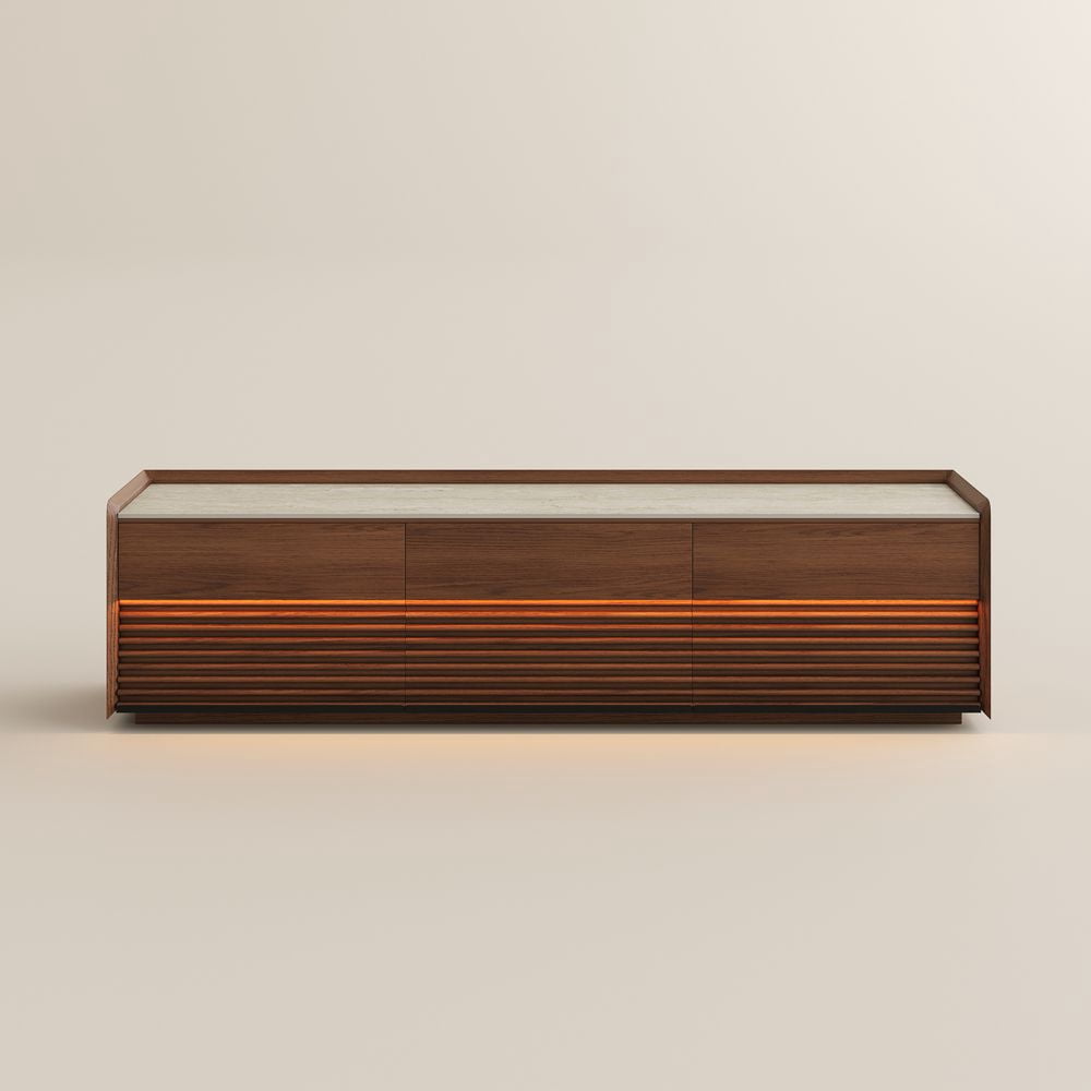 POVISON-70.87" Mid-Century Matte Sintered Stone Tabletop TV Stand, Modern Entertainment Center, Walnut Color Cabinet with Adjustable Light, Fully-Assembled, Perfect for 65-inch TVs