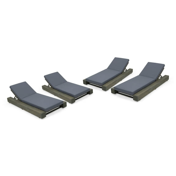 GDF Studio Alhambra Outdoor Acacia Wood Armless Adjustable Chaise Lounges with Cushion, Set of 4, Sandblasted Gray and Dark Gray